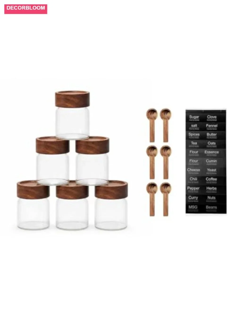 6-Pack Stackable Glass Jars with Acacia Wood Lids & Spoons, Airtight Food